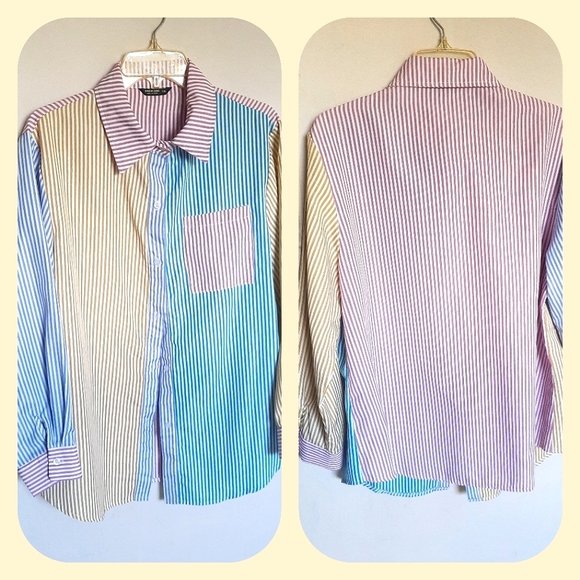 SHEIN Tops - SHEIN 1XL PASTEL STRIPED LONG SLEEVE BUTTON UP BLOUSE